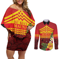 Hawaii Ku Kia'i Mauna Personalized Couples Matching Off Shoulder Short Dress and Long Sleeve Button Shirt Hibiscus Kakau Pattern
