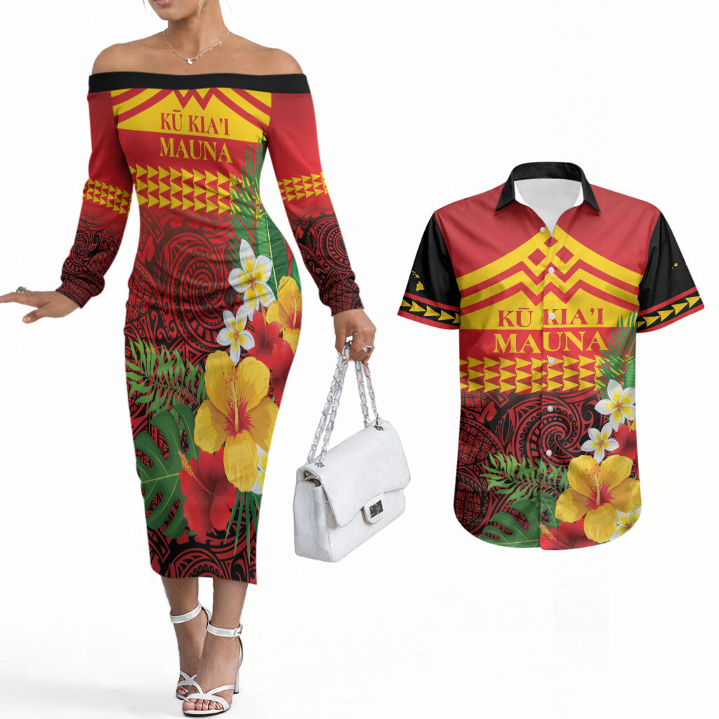 Hawaii Ku Kia'i Mauna Personalized Couples Matching Off The Shoulder Long Sleeve Dress and Hawaiian Shirt Hibiscus Kakau Pattern LT9 Red - Polynesian Pride