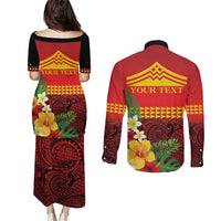 Hawaii Ku Kia'i Mauna Personalized Couples Matching Puletasi and Long Sleeve Button Shirt Hibiscus Kakau Pattern