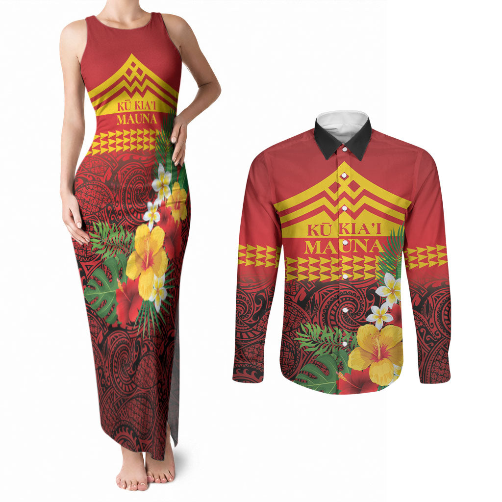 Hawaii Ku Kia'i Mauna Personalized Couples Matching Tank Maxi Dress and Long Sleeve Button Shirt Hibiscus Kakau Pattern LT9 Red - Polynesian Pride