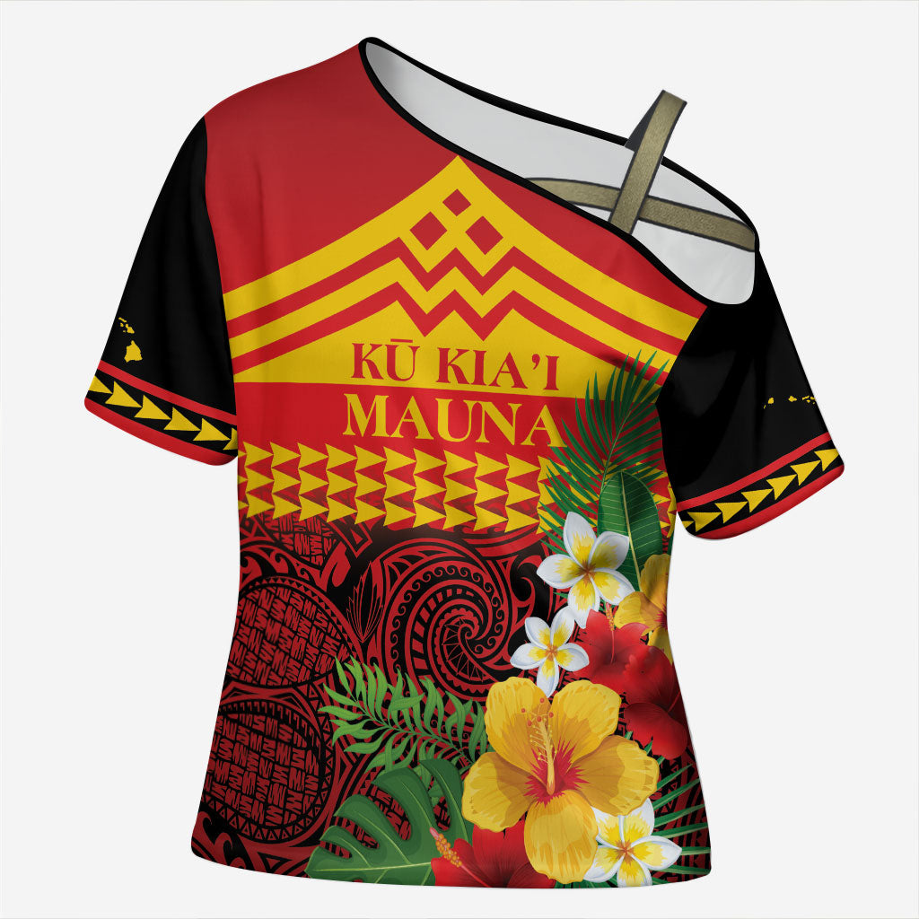 Hawaii Ku Kia'i Mauna Personalized Cross Shoulder Shirt Hibiscus Kakau Pattern