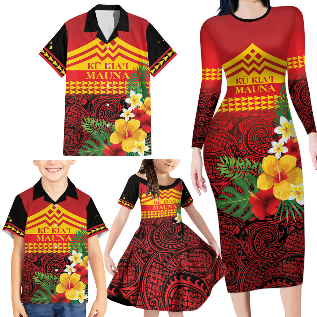 Hawaii Ku Kia'i Mauna Personalized Family Matching Long Sleeve Bodycon Dress and Hawaiian Shirt Hibiscus Kakau Pattern LT9 - Polynesian Pride