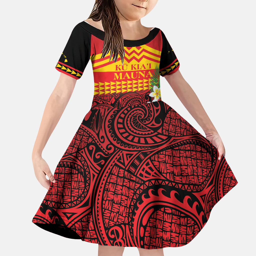 Hawaii Ku Kia'i Mauna Personalized Family Matching Short Sleeve Bodycon Dress and Hawaiian Shirt Hibiscus Kakau Pattern LT9 Daughter's Dress Red - Polynesian Pride