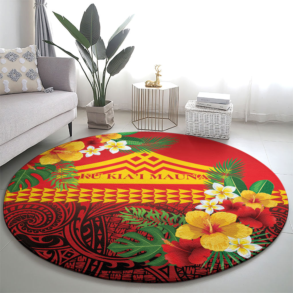 Hawaii Ku Kia'i Mauna Round Carpet Hibiscus Kakau Pattern