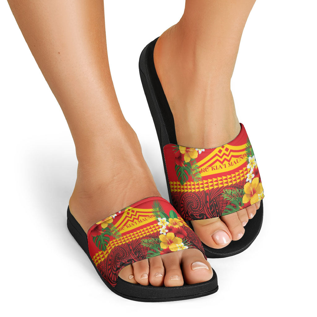Hawaii Ku Kia'i Mauna Slide Sandals Hibiscus Kakau Pattern