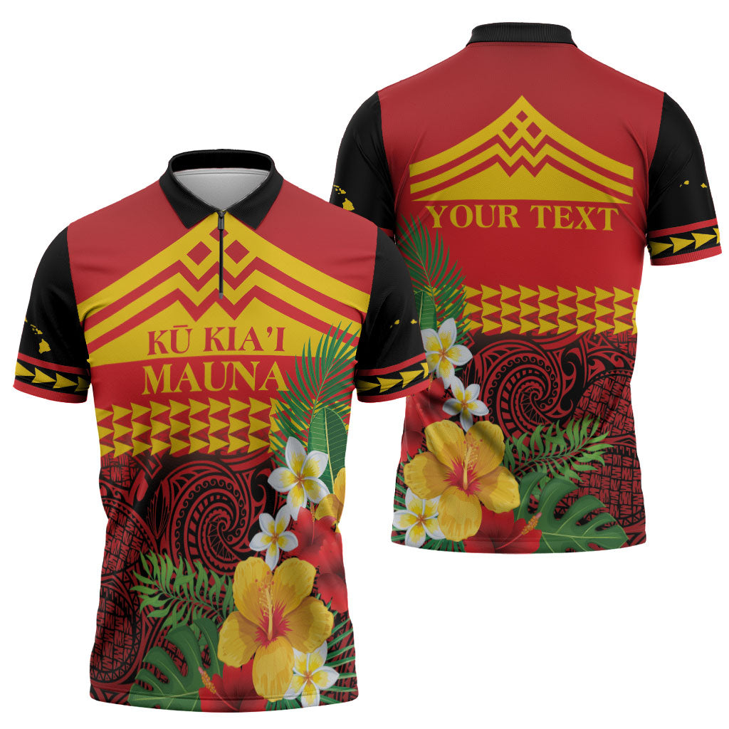 Hawaii Ku Kia'i Mauna Personalized Zipper Polo Shirt Hibiscus Kakau Pattern