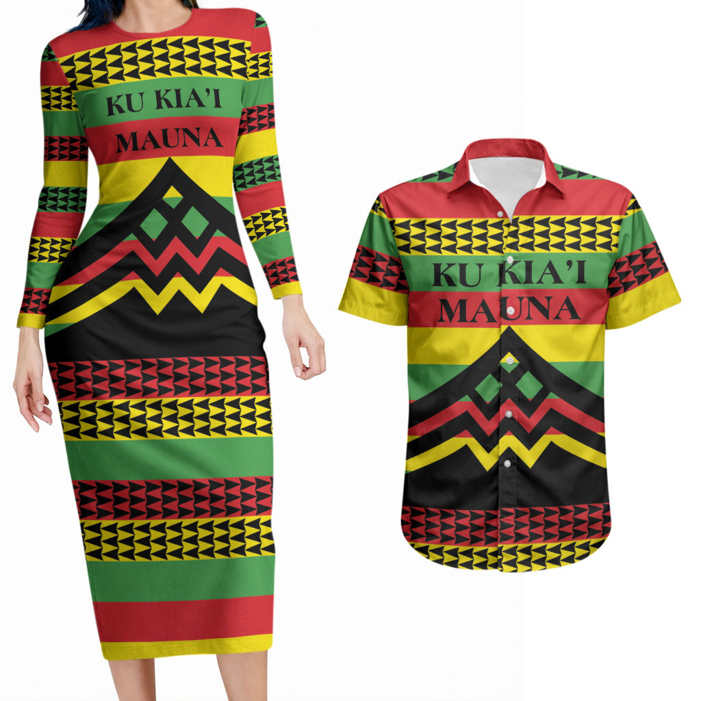 Hawaii Ku Kia'i Mauna Personalized Couples Matching Long Sleeve Bodycon Dress and Hawaiian Shirt Hawaiian Kanaka Maoli Motif LT9 Green - Polynesian Pride