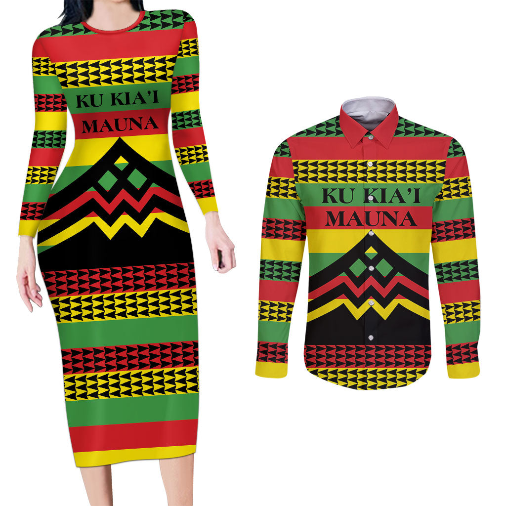 Hawaii Ku Kia'i Mauna Personalized Couples Matching Long Sleeve Bodycon Dress and Long Sleeve Button Shirt Hawaiian Kanaka Maoli Motif LT9 Green - Polynesian Pride