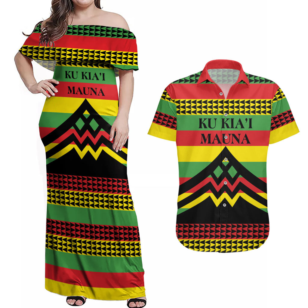 Hawaii Ku Kia'i Mauna Personalized Couples Matching Off Shoulder Maxi Dress and Hawaiian Shirt Hawaiian Kanaka Maoli Motif LT9 Green - Polynesian Pride