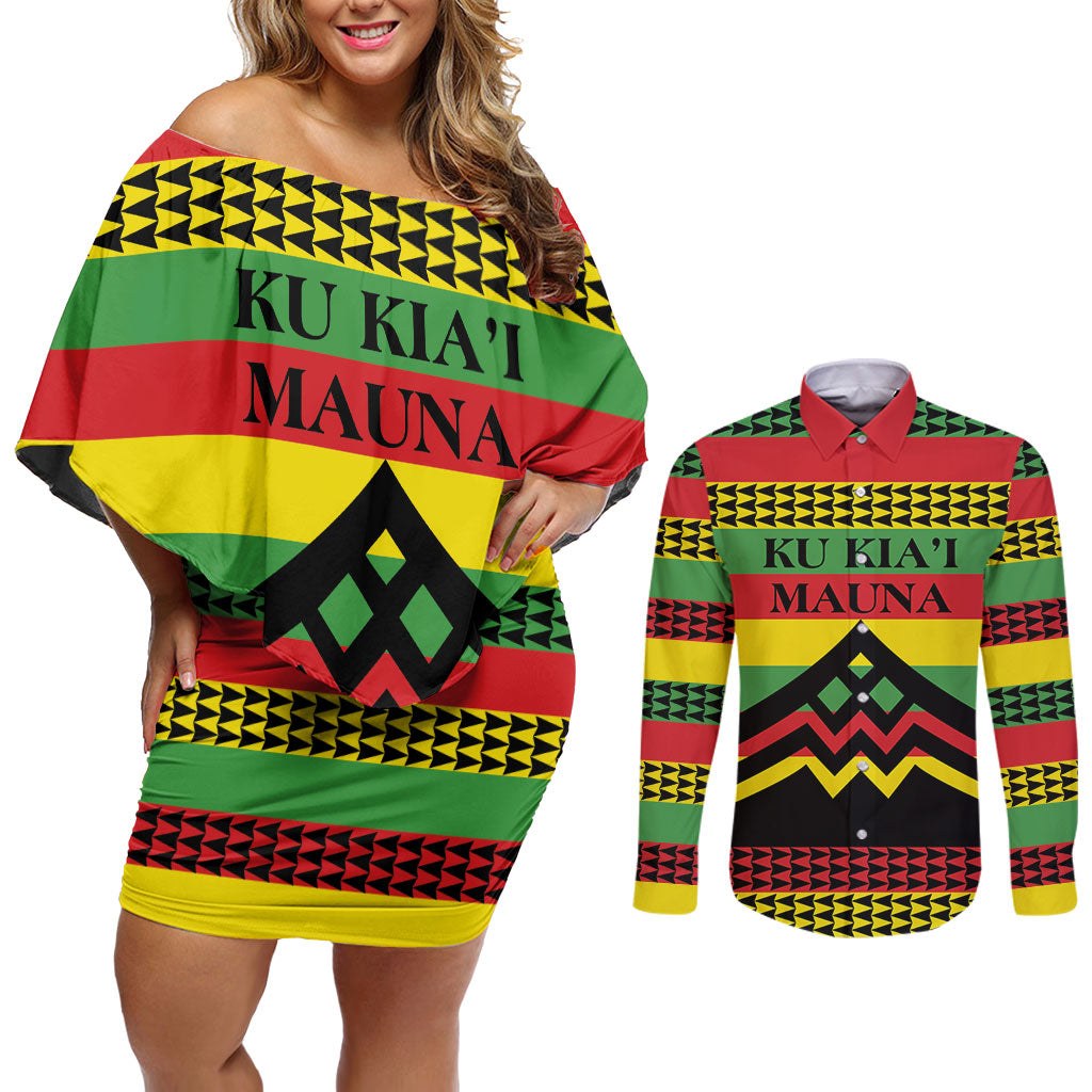 Hawaii Ku Kia'i Mauna Personalized Couples Matching Off Shoulder Short Dress and Long Sleeve Button Shirt Hawaiian Kanaka Maoli Motif LT9 Green - Polynesian Pride