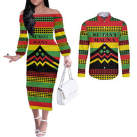 Hawaii Ku Kia'i Mauna Personalized Couples Matching Off The Shoulder Long Sleeve Dress and Long Sleeve Button Shirt Hawaiian Kanaka Maoli Motif LT9 Green - Polynesian Pride