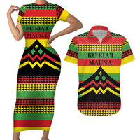 Hawaii Ku Kia'i Mauna Personalized Couples Matching Short Sleeve Bodycon Dress and Hawaiian Shirt Hawaiian Kanaka Maoli Motif LT9 Green - Polynesian Pride