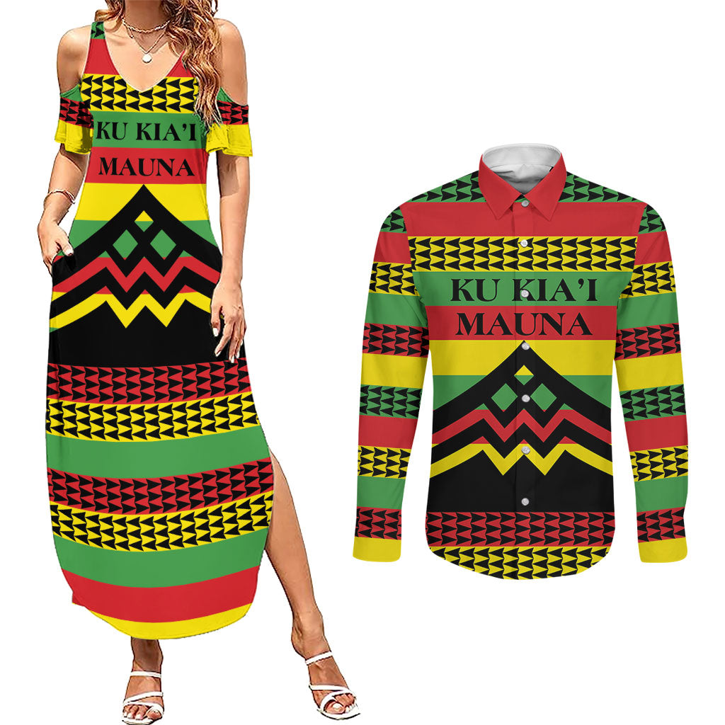 Hawaii Ku Kia'i Mauna Personalized Couples Matching Summer Maxi Dress and Long Sleeve Button Shirt Hawaiian Kanaka Maoli Motif LT9 Green - Polynesian Pride