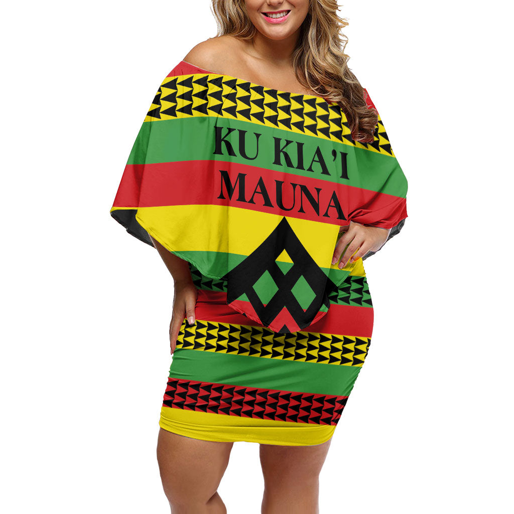 Hawaii Ku Kia'i Mauna Personalized Family Matching Off Shoulder Short Dress and Hawaiian Shirt Hawaiian Kanaka Maoli Motif LT9 Mom's Dress Green - Polynesian Pride