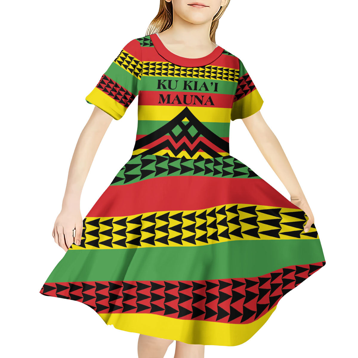 Hawaii Ku Kia'i Mauna Personalized Kid Short Sleeve Dress Hawaiian Kanaka Maoli Motif