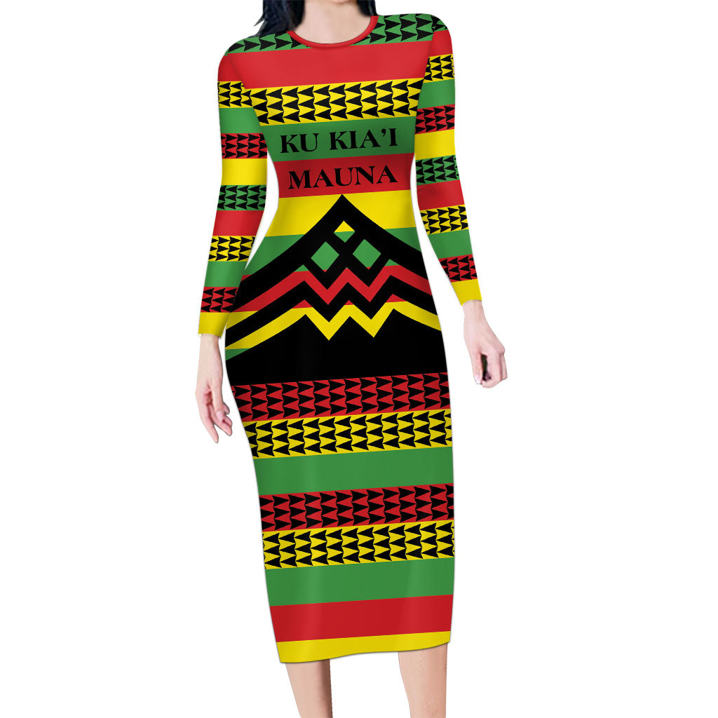 Hawaii Ku Kia'i Mauna Personalized Long Sleeve Bodycon Dress Hawaiian Kanaka Maoli Motif