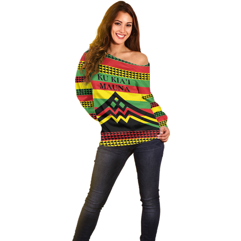 Hawaii Ku Kia'i Mauna Personalized Off Shoulder Sweater Hawaiian Kanaka Maoli Motif