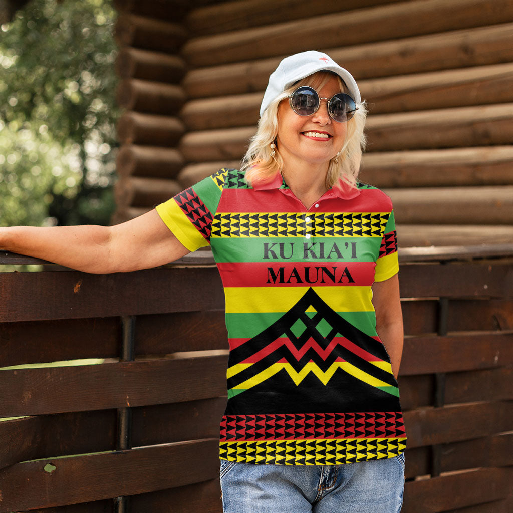 Hawaii Ku Kia'i Mauna Personalized Women Polo Shirt Hawaiian Kanaka Maoli Motif