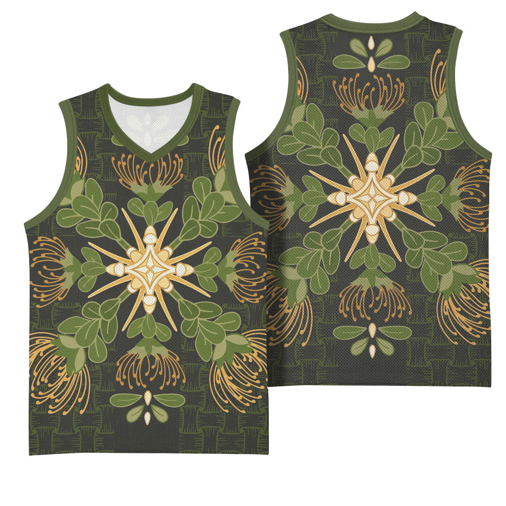 Hawaii Ohia Lehua Squares Basketball Jersey Hawaiian Quilt Inspired Floral Pattern