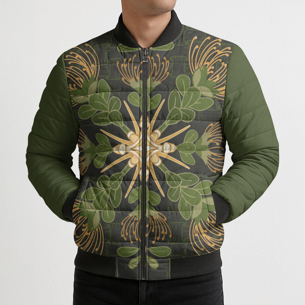 Hawaii Ohia Lehua Squares Bomber Puffer Jacket Hawaiian Quilt Inspired Floral Pattern