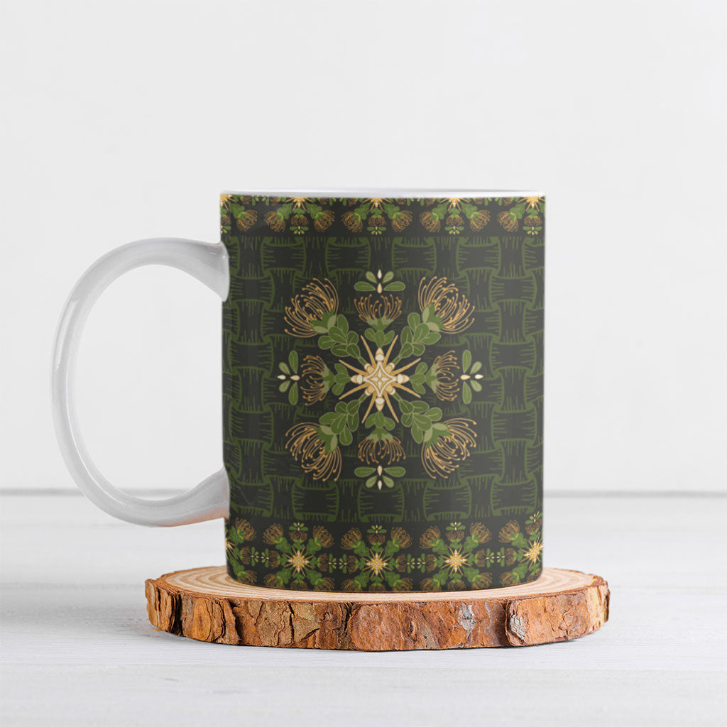 Hawaii Ohia Lehua Squares Ceramic Mug Hawaiian Quilt Inspired Floral Pattern LT9 Green - Polynesian Pride