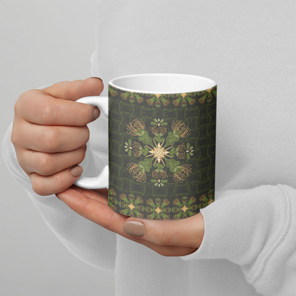 Hawaii Ohia Lehua Squares Ceramic Mug Hawaiian Quilt Inspired Floral Pattern