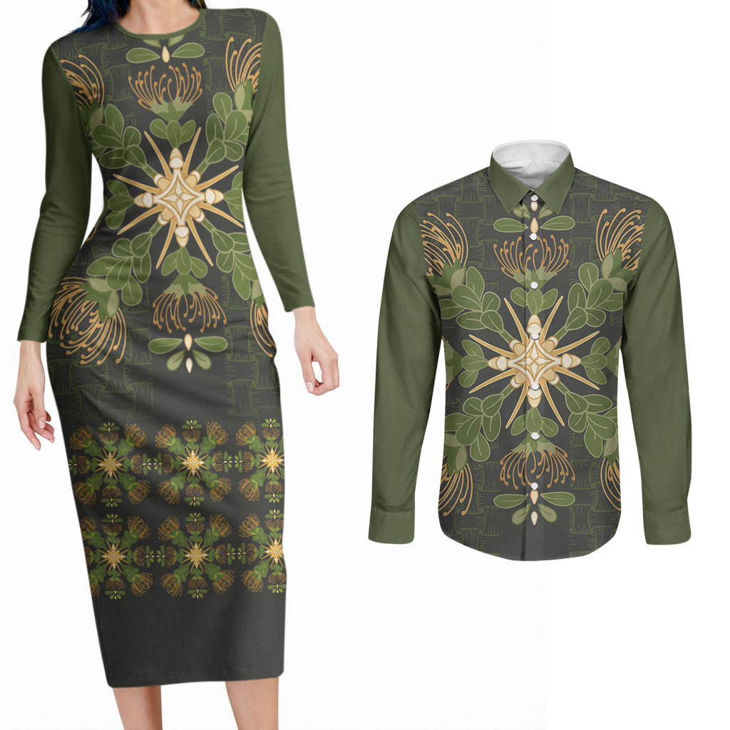 Hawaii Ohia Lehua Squares Couples Matching Long Sleeve Bodycon Dress and Long Sleeve Button Shirt Hawaiian Quilt Inspired Floral Pattern LT9 Green - Polynesian Pride