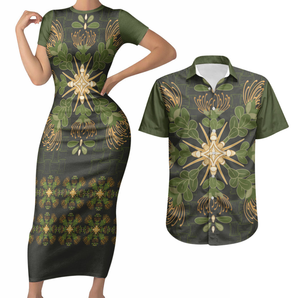 Hawaii Ohia Lehua Squares Couples Matching Short Sleeve Bodycon Dress and Hawaiian Shirt Hawaiian Quilt Inspired Floral Pattern LT9 Green - Polynesian Pride