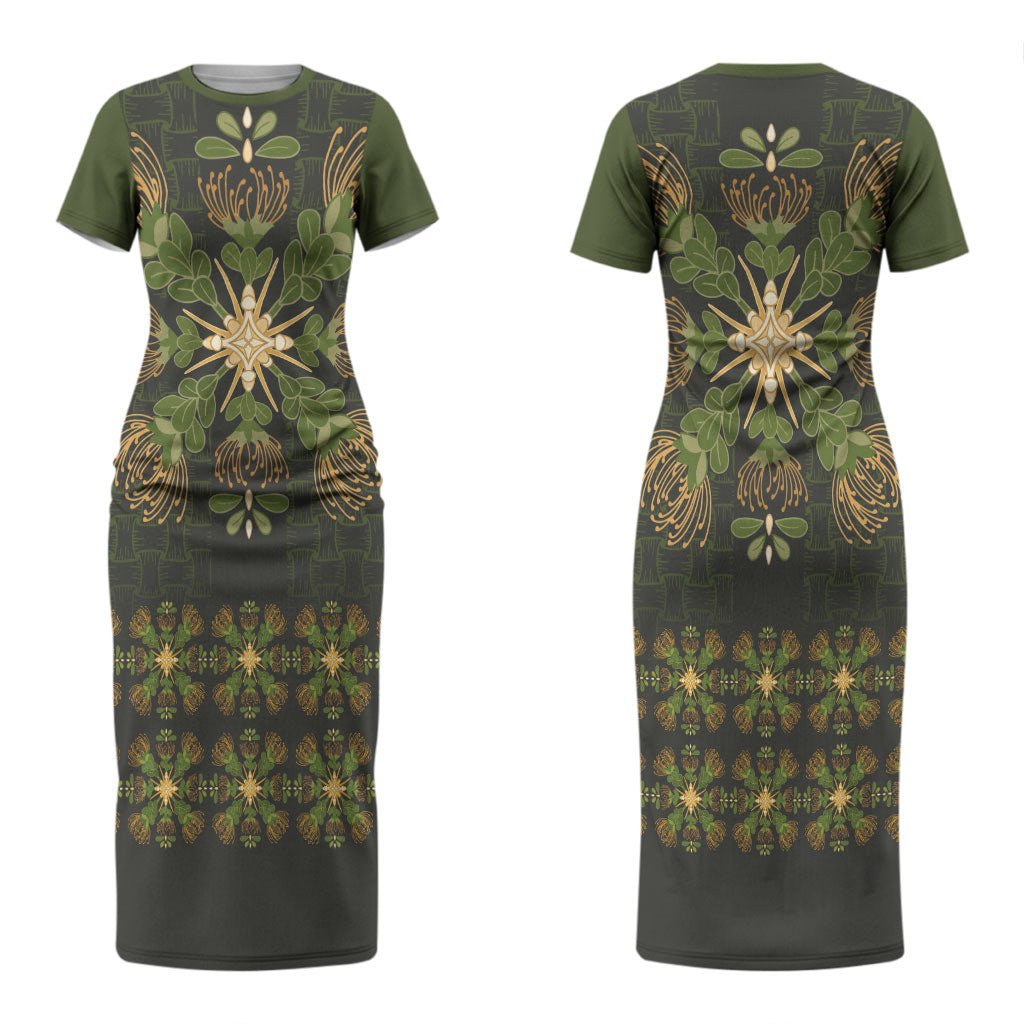 Hawaii Ohia Lehua Squares Couples Matching Short Sleeve Bodycon Dress and Hawaiian Shirt Hawaiian Quilt Inspired Floral Pattern LT9 - Polynesian Pride