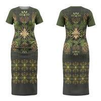 Hawaii Ohia Lehua Squares Couples Matching Short Sleeve Bodycon Dress and Hawaiian Shirt Hawaiian Quilt Inspired Floral Pattern LT9 - Polynesian Pride