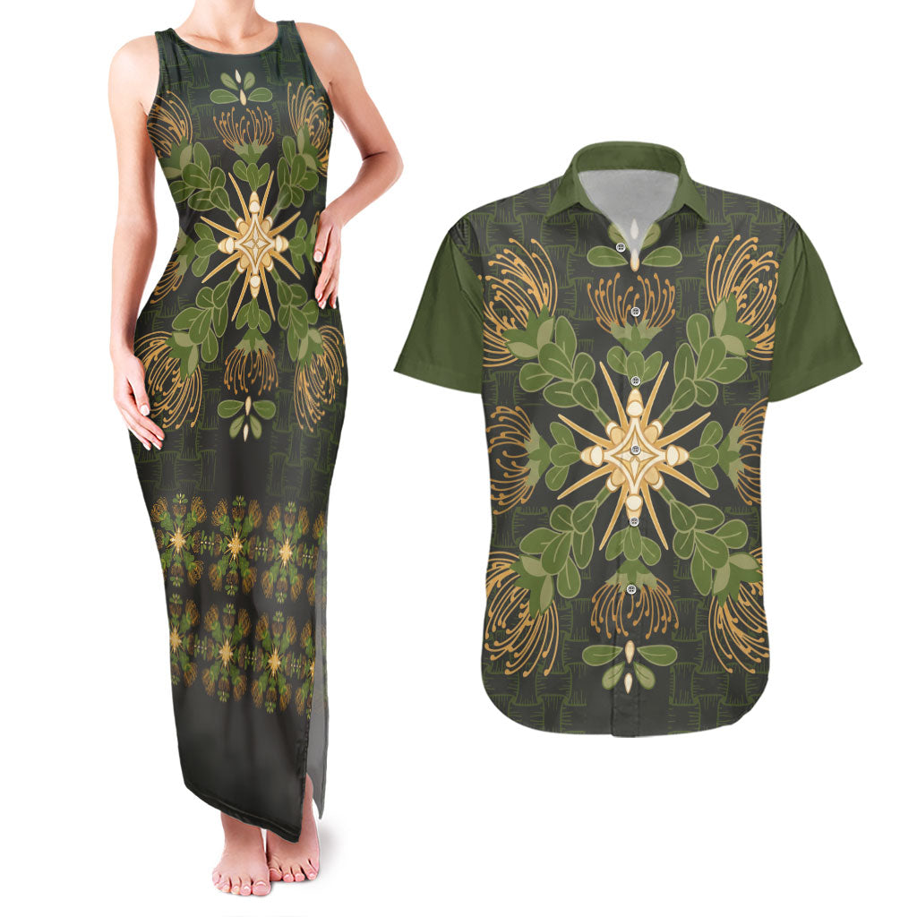Hawaii Ohia Lehua Squares Couples Matching Tank Maxi Dress and Hawaiian Shirt Hawaiian Quilt Inspired Floral Pattern