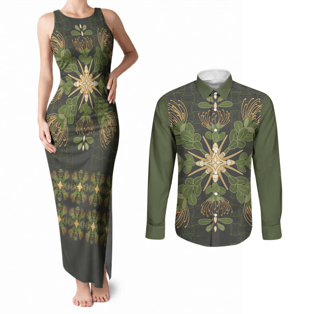 Hawaii Ohia Lehua Squares Couples Matching Tank Maxi Dress and Long Sleeve Button Shirt Hawaiian Quilt Inspired Floral Pattern LT9 Green - Polynesian Pride