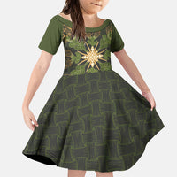 Hawaii Ohia Lehua Squares Family Matching Long Sleeve Bodycon Dress and Hawaiian Shirt Hawaiian Quilt Inspired Floral Pattern LT9 Daughter's Dress Green - Polynesian Pride