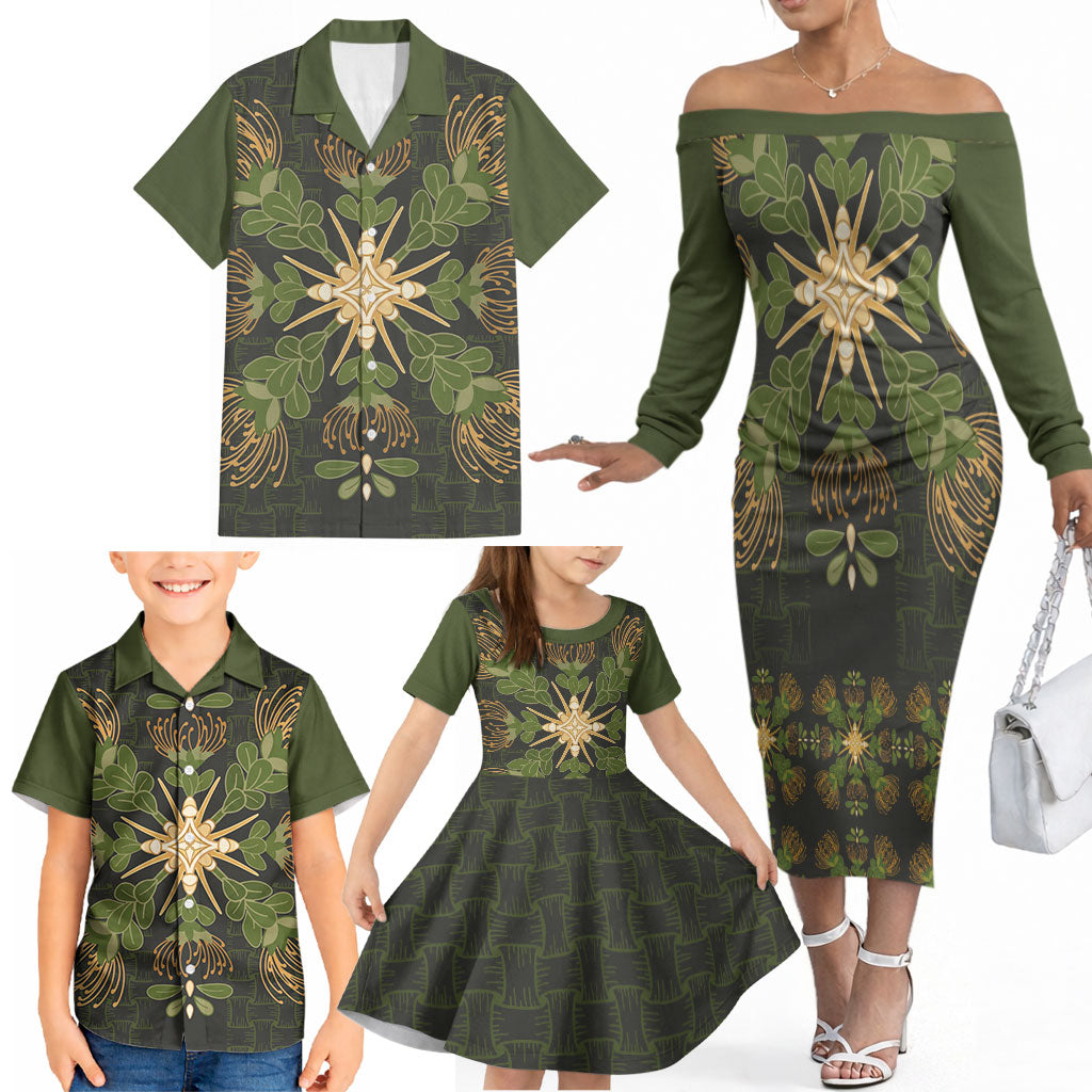 Hawaii Ohia Lehua Squares Family Matching Off The Shoulder Long Sleeve Dress and Hawaiian Shirt Hawaiian Quilt Inspired Floral Pattern LT9 - Polynesian Pride