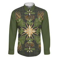 Hawaii Ohia Lehua Squares Family Matching Off The Shoulder Long Sleeve Dress and Hawaiian Shirt Hawaiian Quilt Inspired Floral Pattern LT9 Dad's Shirt - Long Sleeve Green - Polynesian Pride