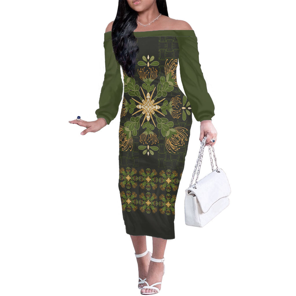 Hawaii Ohia Lehua Squares Family Matching Off The Shoulder Long Sleeve Dress and Hawaiian Shirt Hawaiian Quilt Inspired Floral Pattern LT9 Mom's Dress Green - Polynesian Pride