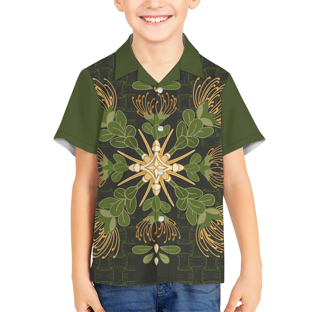 Hawaii Ohia Lehua Squares Family Matching Puletasi and Hawaiian Shirt Hawaiian Quilt Inspired Floral Pattern LT9 Son's Shirt Green - Polynesian Pride