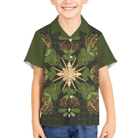 Hawaii Ohia Lehua Squares Family Matching Puletasi and Hawaiian Shirt Hawaiian Quilt Inspired Floral Pattern LT9 Son's Shirt Green - Polynesian Pride