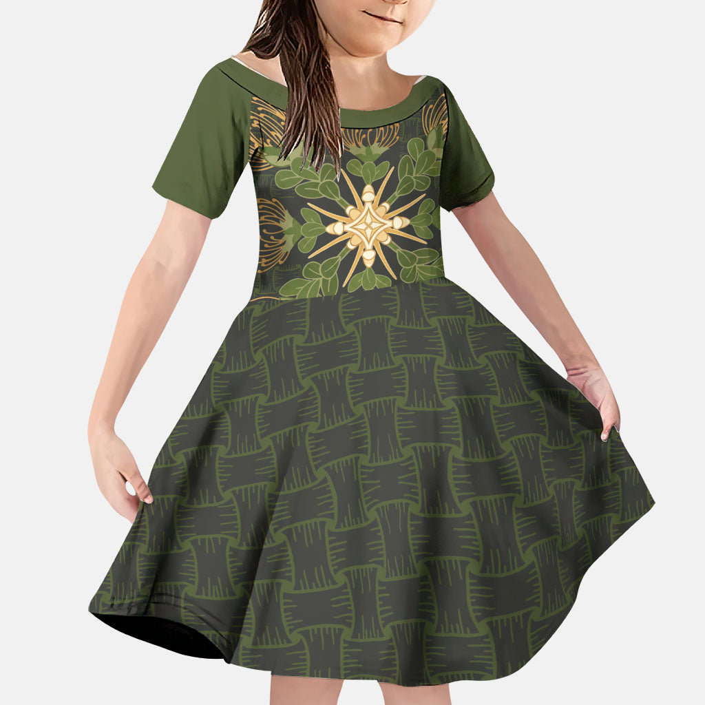 Hawaii Ohia Lehua Squares Family Matching Summer Maxi Dress and Hawaiian Shirt Hawaiian Quilt Inspired Floral Pattern LT9 Daughter's Dress Green - Polynesian Pride