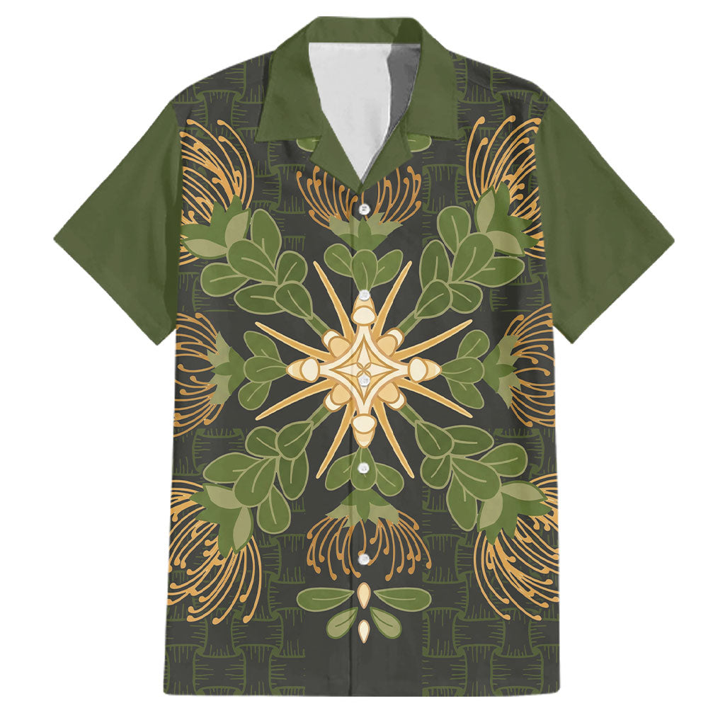 Hawaii Ohia Lehua Squares Family Matching Tank Maxi Dress and Hawaiian Shirt Hawaiian Quilt Inspired Floral Pattern LT9 Dad's Shirt - Short Sleeve Green - Polynesian Pride