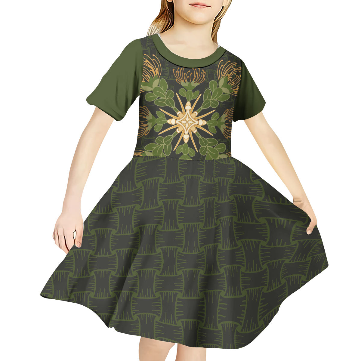 Hawaii Ohia Lehua Squares Kid Short Sleeve Dress Hawaiian Quilt Inspired Floral Pattern