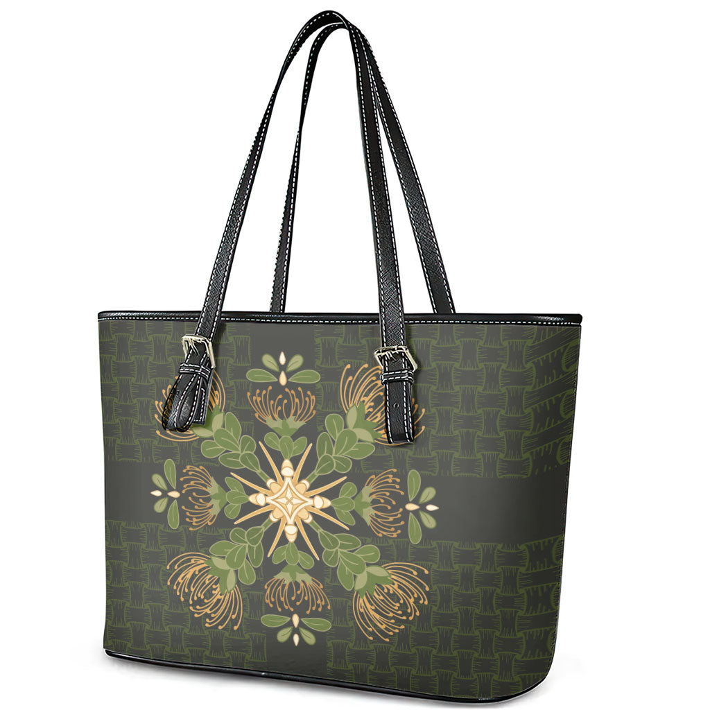 Hawaii Ohia Lehua Squares Leather Tote Bag Hawaiian Quilt Inspired Floral Pattern
