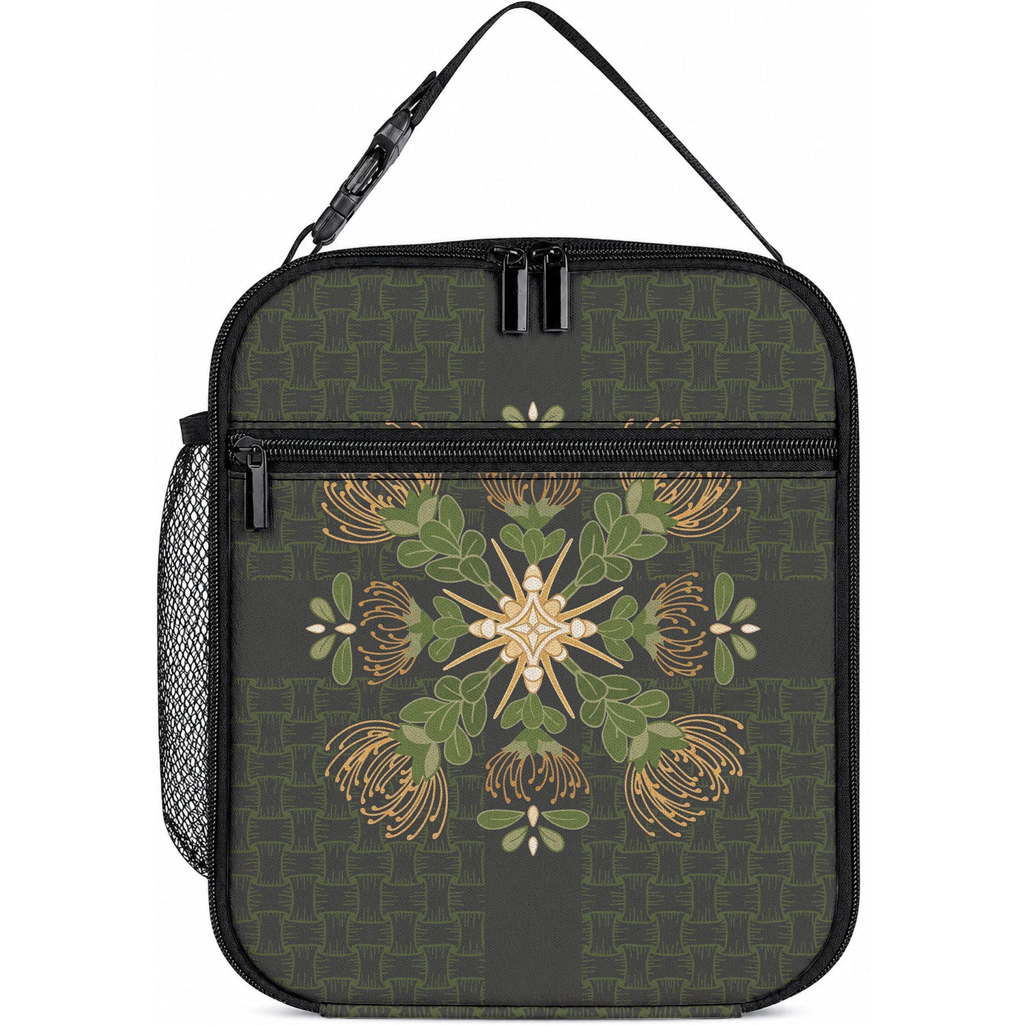 Hawaii Ohia Lehua Squares Lunch Bag Hawaiian Quilt Inspired Floral Pattern LT9 10.2 × 8.3 × 4.3 inch Green - Polynesian Pride