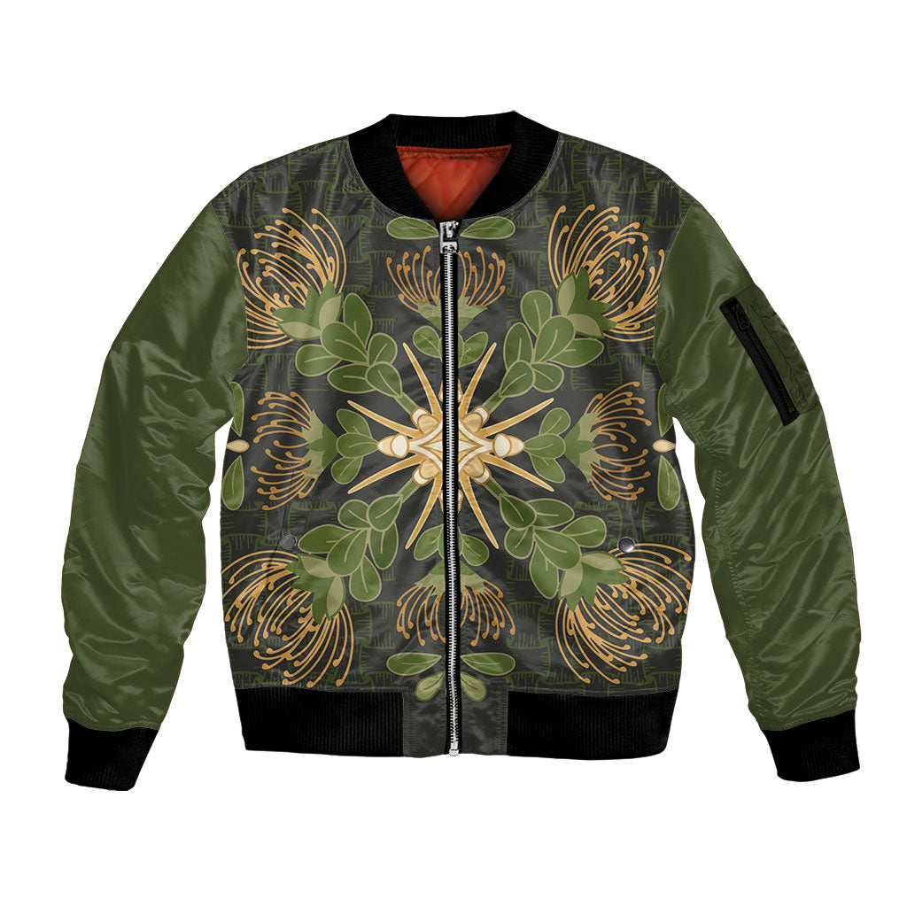Hawaii Ohia Lehua Squares Sleeve Zip Bomber Jacket Hawaiian Quilt Inspired Floral Pattern