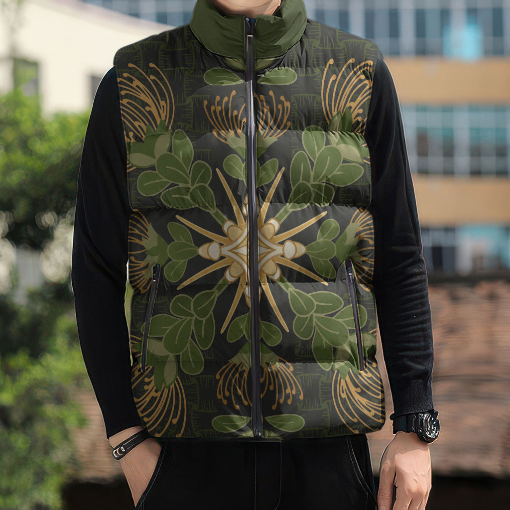 Hawaii Ohia Lehua Squares Sleeveless Puffer Jacket Hawaiian Quilt Inspired Floral Pattern