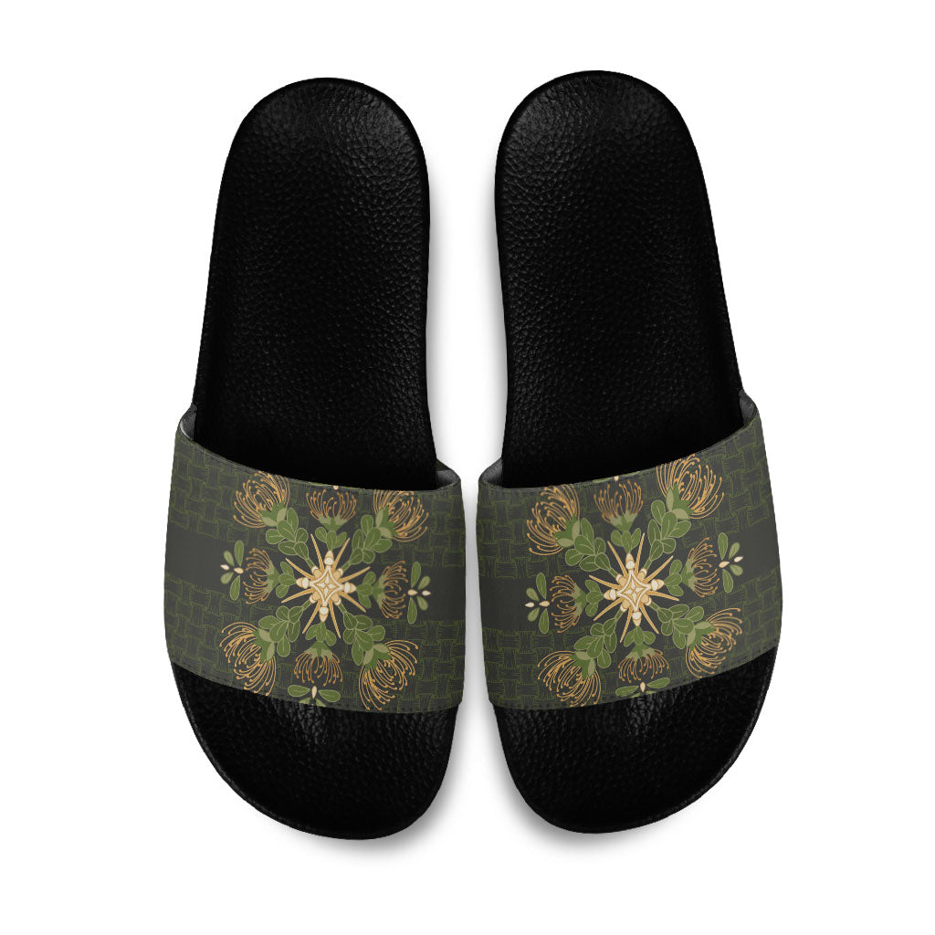 Hawaii Ohia Lehua Squares Slide Sandals Hawaiian Quilt Inspired Floral Pattern