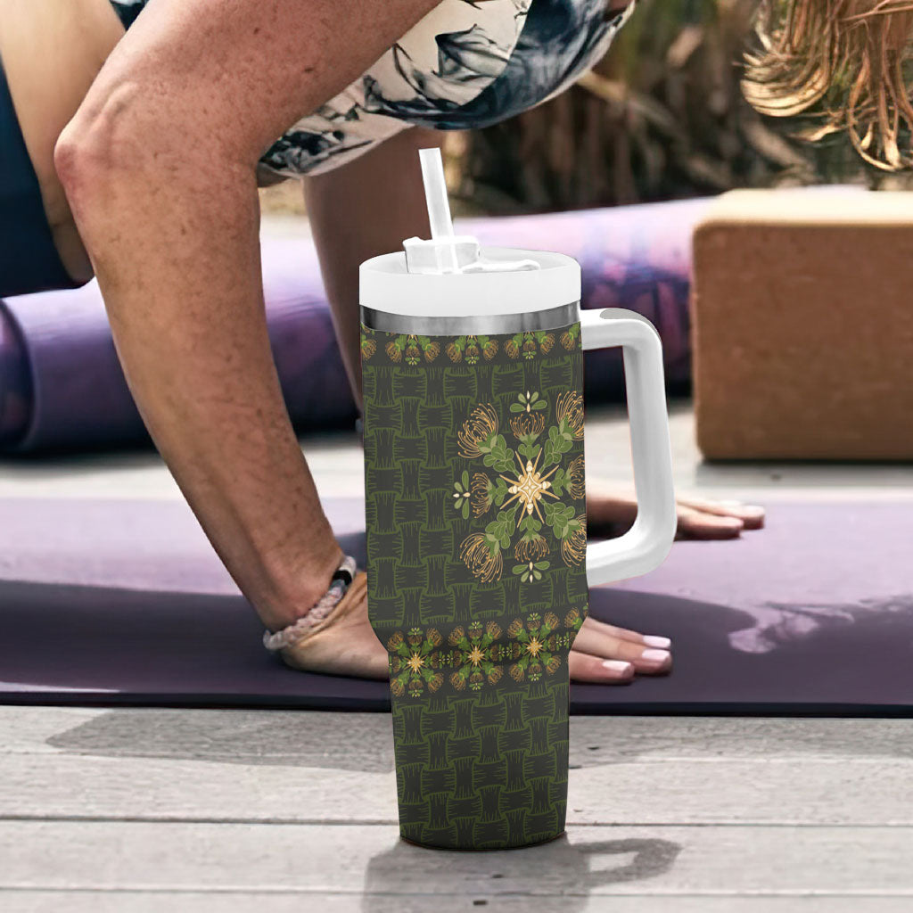 Hawaii Ohia Lehua Squares Tumbler With Handle Hawaiian Quilt Inspired Floral Pattern