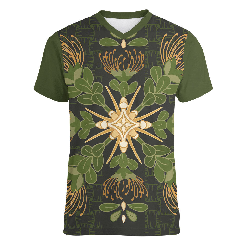 Hawaii Ohia Lehua Squares Women V-Neck T-Shirt Hawaiian Quilt Inspired Floral Pattern