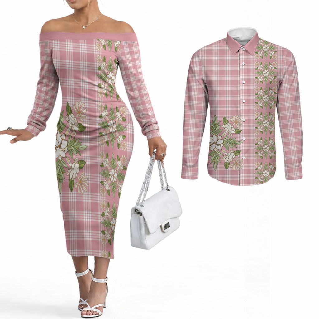 Akala Hamele Hawai'i Palaka Squares Maile Leaf Couples Matching Off The Shoulder Long Sleeve Dress and Long Sleeve Button Shirt Flowers Hawaiian Quilt Patterns