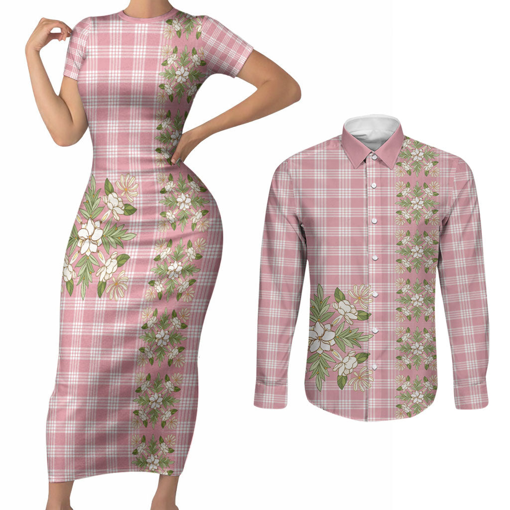Akala Hamele Hawai'i Palaka Squares Maile Leaf Couples Matching Short Sleeve Bodycon Dress and Long Sleeve Button Shirt Flowers Hawaiian Quilt Patterns